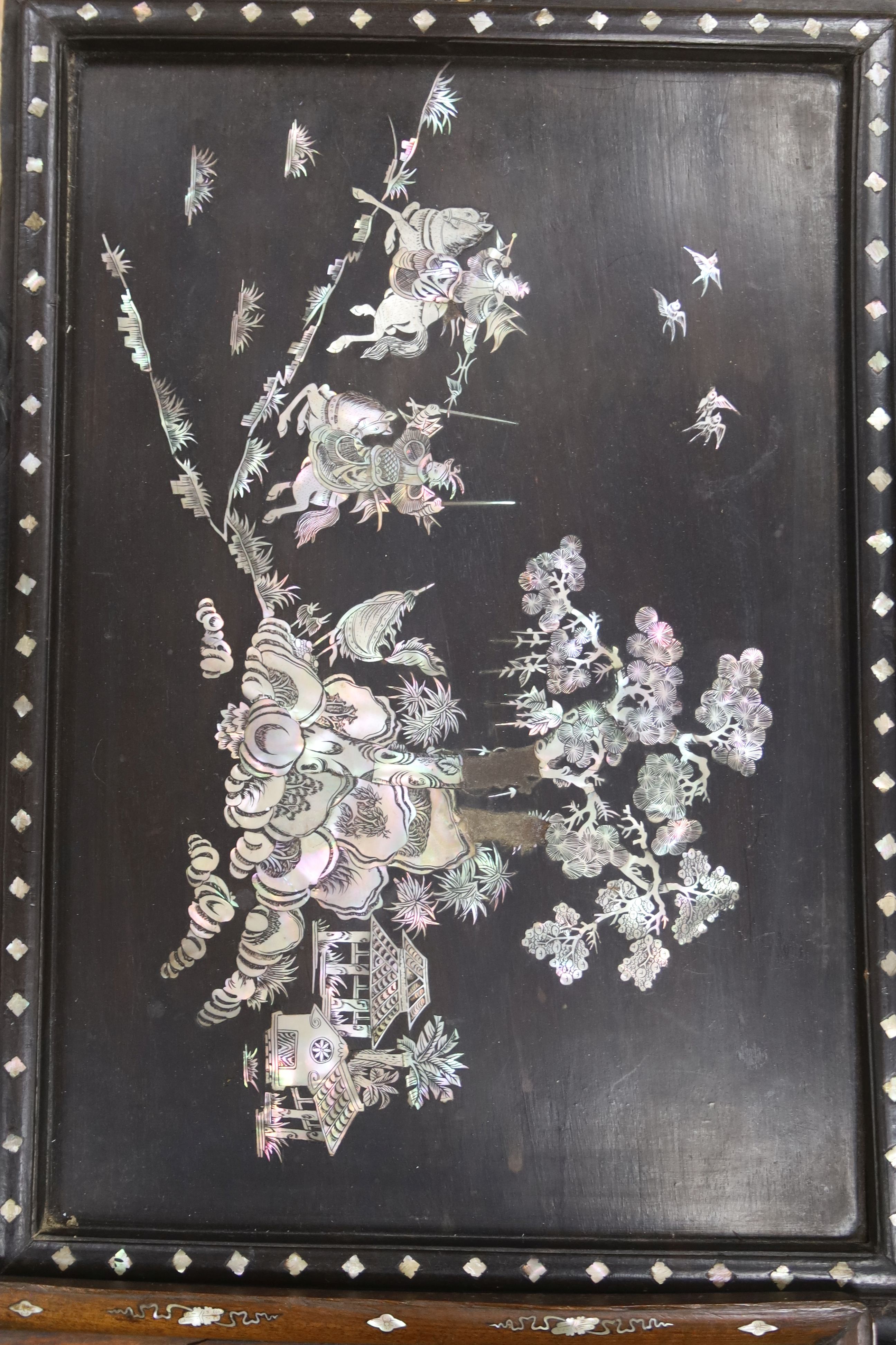 Three Chinese / Japanese mother of pearl inlaid trays together with a mother of pearl and abalone box